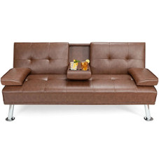 Convertible Folding Leather Futon Sofa with Cup Holders and Armrests product image