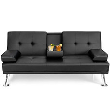 Convertible Folding Leather Futon Sofa with Cup Holders and Armrests product image