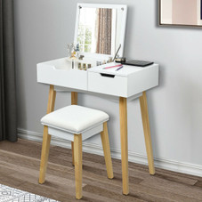 Wooden Vanity Table with Flip-Top Mirror and Cushioned Stool product image