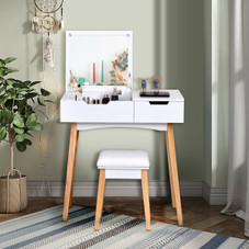 Wooden Vanity Table with Flip-Top Mirror and Cushioned Stool product image