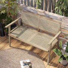 Outdoor Teak Wood Garden Bench with Armrests Rattan Backrest product image