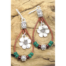 Silvery Western Leather Beaded Floral Dangle Earrings product image