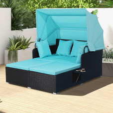 Patio Rattan Daybed Lounger with Retractable Canopy and Pop-up Side Tables product image