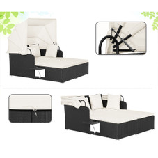 Patio Rattan Daybed Lounger with Retractable Canopy and Pop-up Side Tables product image