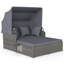 Patio Rattan Daybed Lounger with Retractable Canopy and Pop-up Side Tables product image
