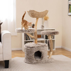 Solid Wood Cat Tree with Woven Cattail Basket product image