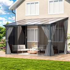 Outdoor Hard Top Lean-to Pergola with Curtains and Netting product image