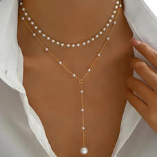 Women‘s Vintage Layered Choker Pearl Lariat Necklace product image