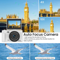 75MP Digital Camera 5K Video Vlogging YouTube Photography Flip Screen 18X Zoom Gift for Teens Color White With Dual Batteries product image