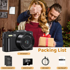 75MP Digital Camera 5K Video Vlogging YouTube Photography Flip Screen 18X Zoom Gift for Teens Color Black With Dual Batteries product image