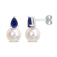 8.5-9mm Freshwater Pearl Earrings with Lab-Created Blue Sapphires product image