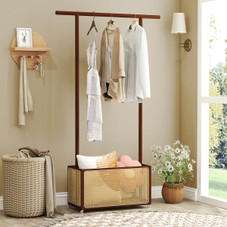 Bamboo Rolling Clothes Rack with Rattan Storage Basket product image