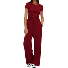  Women's Ruched Short Sleeve Top and Wide Leg Pants (2 Piece Set) product image