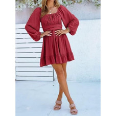 Square Neck Puff Sleeve Ruffle Hem Dress product image