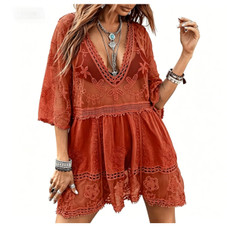 Deep V Neck Lace Embroidered Swimsuit Cover Up product image