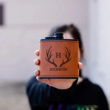 Personalized Leather Wrapped Black Flasks product image