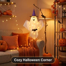 Hanging Lighted Ghost with Wizard Hat product image