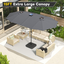 15ft Double-Sided Patio Umbrella with Solar Lights and Base Included product image