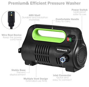 IronMax 3500PSI Electric Pressure Washer 2.6GPM 1800W w/ Wheels 4