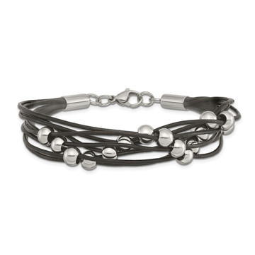 8-inch Polished Beaded Multi-Strand Black Leather Bracelet product image 8-inch Polished Beaded Multi-Strand Black Leather Bracelet product image