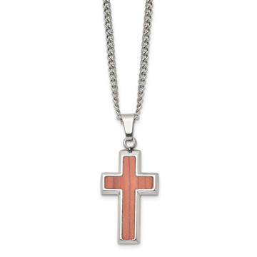 24-inch Stainless Steel Polished Wood Inlay Cross Necklace product image 24-inch Stainless Steel Polished Wood Inlay Cross Necklace product image