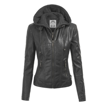 Women's Faux Leather Moto Jacket with Hoodie product image Women's Faux Leather Moto Jacket with Hoodie product image
