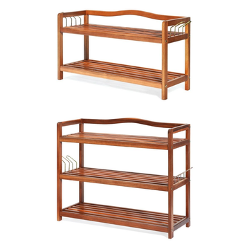 2-Tier/3-Tier Acacia Wood Shoe Rack with Side Metal Hooks product image 2-Tier/3-Tier Acacia Wood Shoe Rack with Side Metal Hooks product image