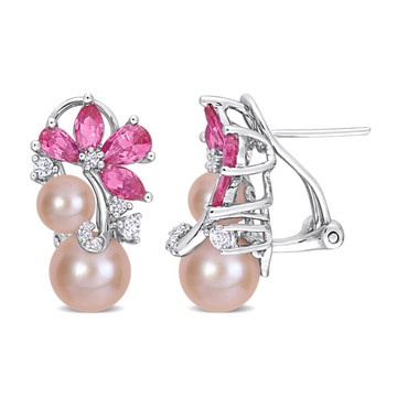 Lab-Created Pink Sapphire and White Sapphire Freshwater Pearl Earrings product image Lab-Created Pink Sapphire and White Sapphire Freshwater Pearl Earrings product image