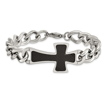 8.5" Mens Stainless Steel Black Carbon Fiber Cross Bracelet product image 8.5" Mens Stainless Steel Black Carbon Fiber Cross Bracelet product image