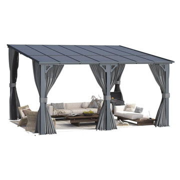 Outdoor Hard Top Lean-to Pergola with Curtains and Netting product image