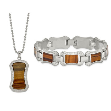 Stainless Steel Tigers Eye Dog Tag Pendant and Bracelet Set product image