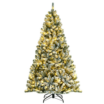 Pre-Lit Snow Flocked Hinged Christmas Tree with Metal Stand product image