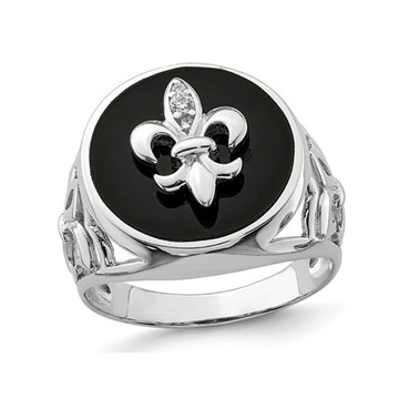 Men's Fleur De Lis Cubic Zirconia (CZ) and Black Onyx Ring in Sterling Silver product image