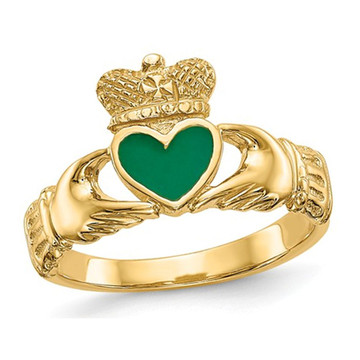 Ladies Claddagh Ring in Polished 14K Yellow Gold with Green Enamel product image