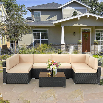 Rattan 7-Piece Patio Sofa Set with Glass Top Table product image Rattan 7-Piece Patio Sofa Set with Glass Top Table product image