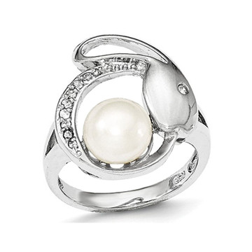 8mm Freshwater Cultured Button Pearl Ring with Synthetic Cubic Zirconia (CZ) product image