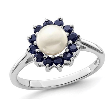 Freshwater Cultured Pearl Ring with Blue Sapphires in Sterling Silver product image