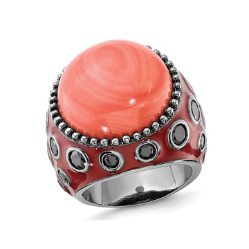 Enameled Cocktail Ring with Synthetic Coral and Black Synthetic Cubic Zirconia  product image