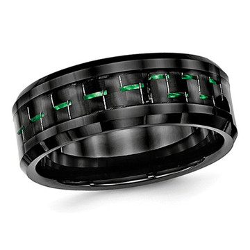 Ceramic Black with Green Carbon Fiber Beveled Edge Wedding Band Ring product image
