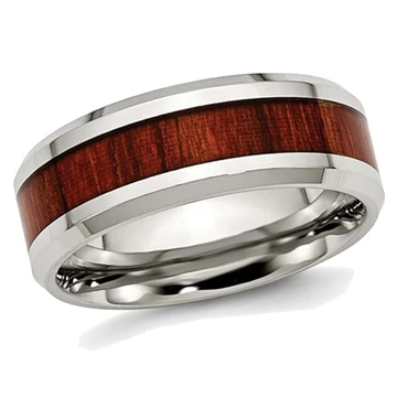 8mm Men's Stainless Steel Polished Red Wood Inlay Wedding Band Ring product image