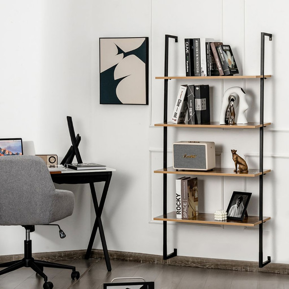 4-Tier Wall-Mounted Industrial Ladder Bookshelf with Metal Frame product image