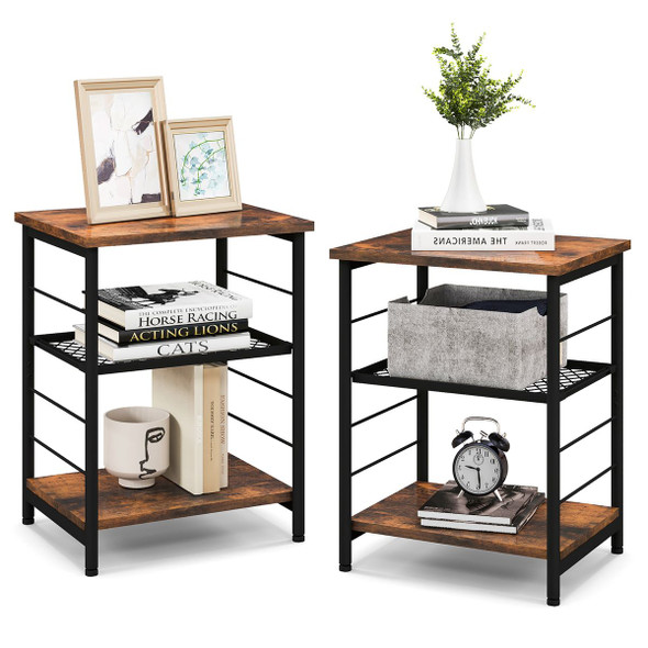 3-Tier Industrial Side Table with Adjustable Mesh Shelf (Set of 2) product image