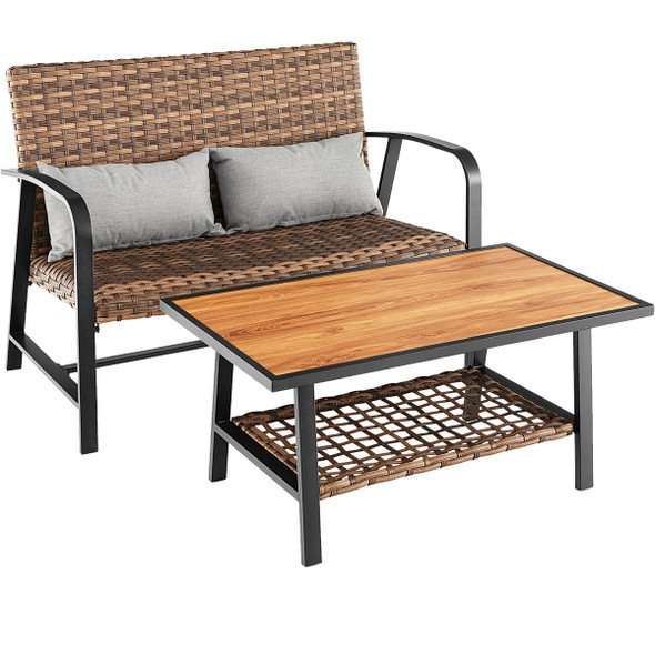 2-Piece Patio Rattan Coffee Table Set with Shelf product image