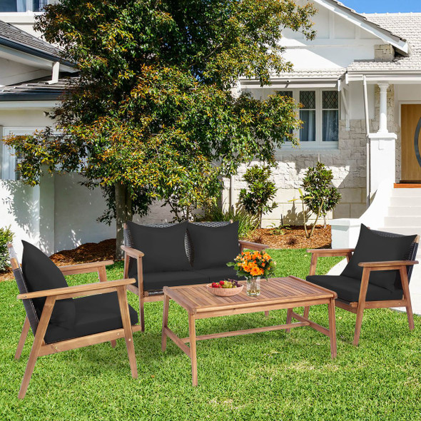 4-Piece Patio Rattan Wooden Furniture Set product image