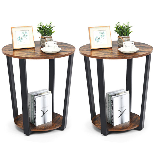 2-Tier Round End Tables with Storage Shelves & Metal Frames (Set of 2) product image