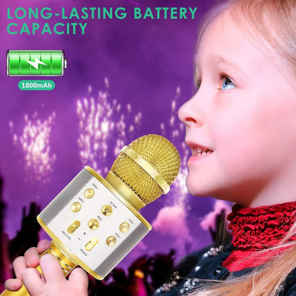 Wireless Bluetooth Kids Karaoke Microphone, 5 in 1 Portable Handheld Microphone with Adjustable Remix FM Radio for Boys Girls Birthday (Golden) product image