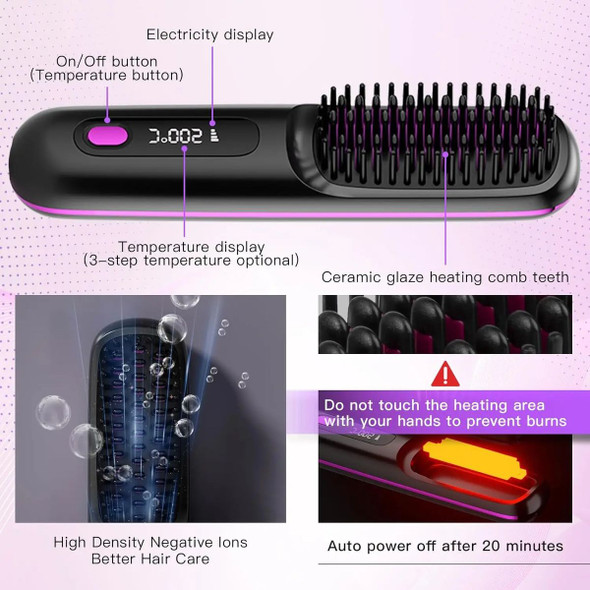 Cordless Hair Straightener Brush with 3 Setting LED Temperature Display Electric Negative Ions Ceramic Hot Comb 360 Anti-Scald Color White product image