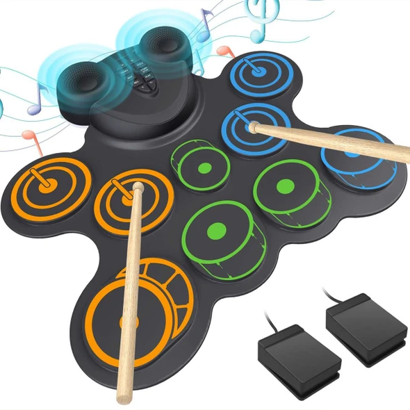 10 Pads Electronic Drum Sets, Drum Practice Pad with Headphone Jack, Built-in 2 Speaker Foot Pedals and Drumsticks, Kids Drum Set Compatible with MIDI Output product image