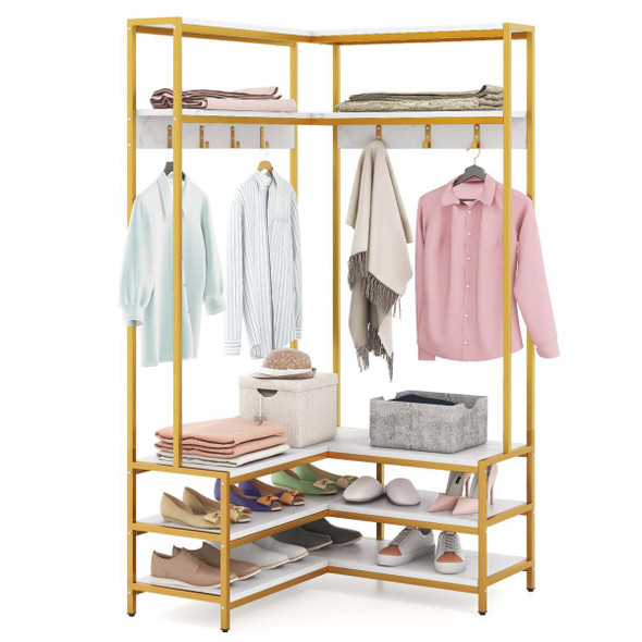 Corner Garment Rack with Open Shelves and 7 Hooks & Shoe Bench product image