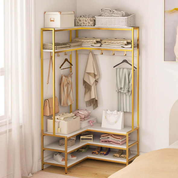 Corner Garment Rack with Open Shelves and 7 Hooks & Shoe Bench product image
